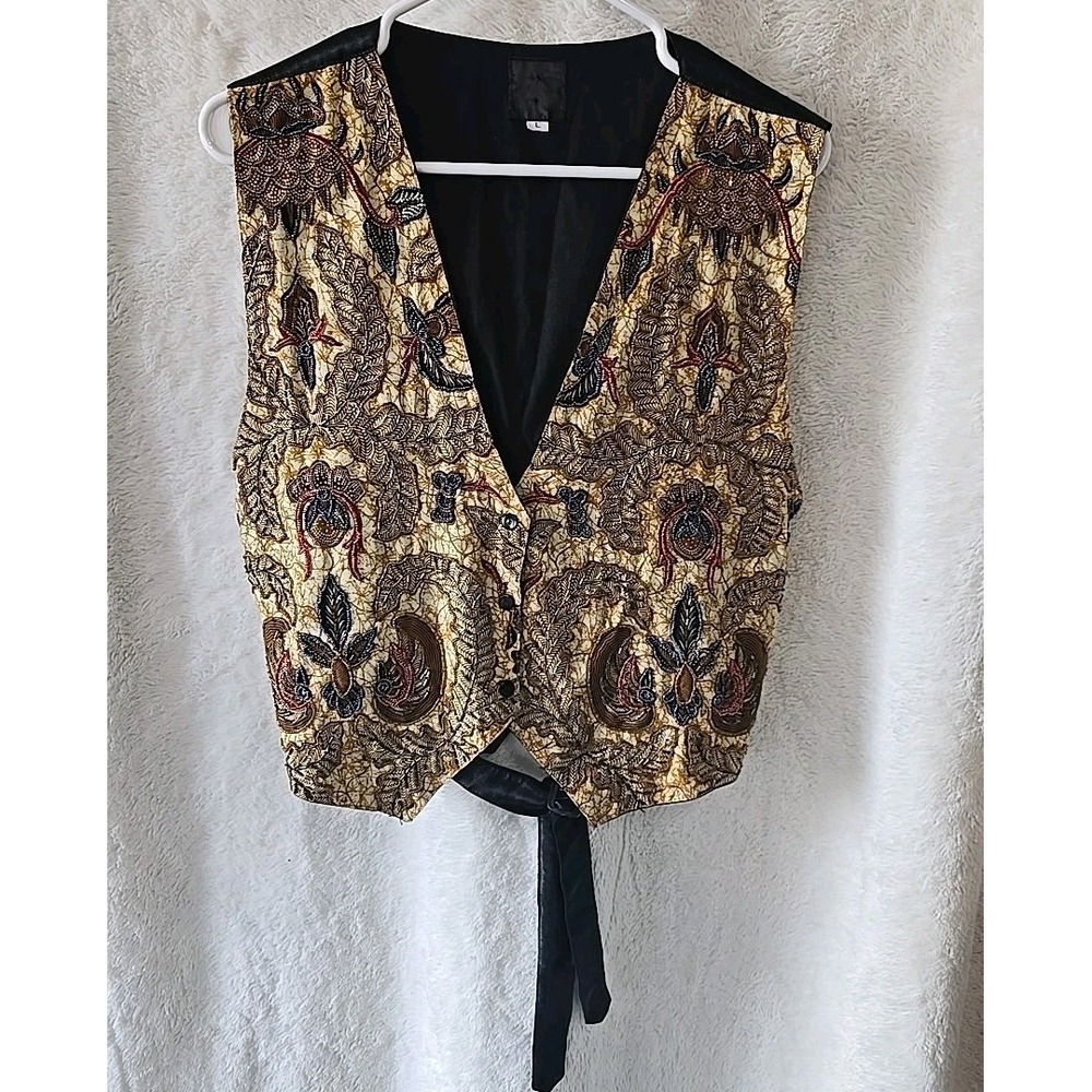 Tan-Chho Vintage Women's Beaded‎ Vest (Tag L,fitsM) Mustard Blue Red Floral